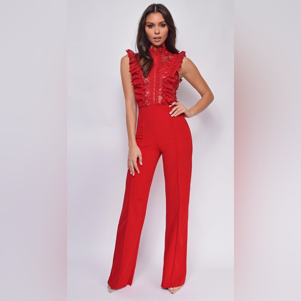 VANNA RED CROCHET FLARED LEG JUMPSUIT